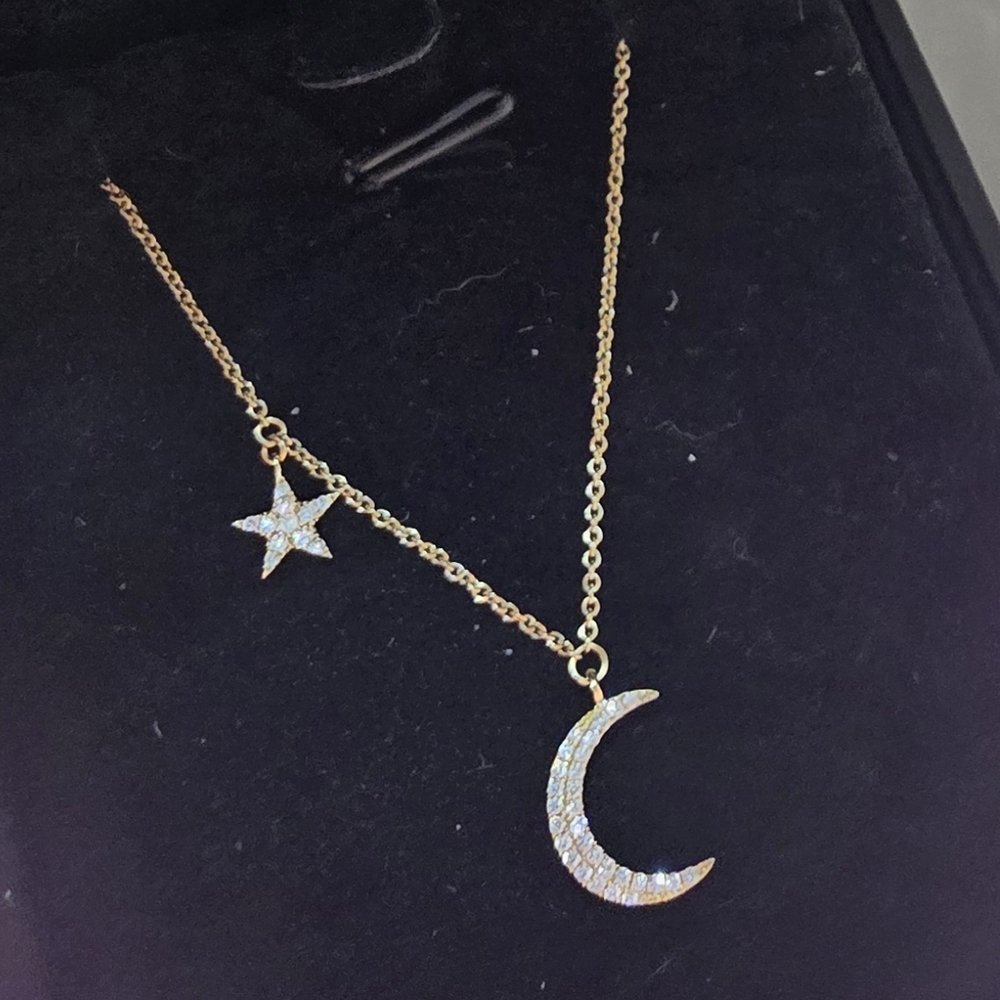 14 KT Yellow Gold Moon & Star Pendant Necklace - Dainty Crescent Jewelry